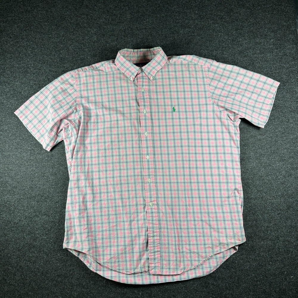 Ralph Lauren Mens XL Classic Fit Short Sleeve Plaid Button Down Shirt Pink Green - Picture 2 of 6
